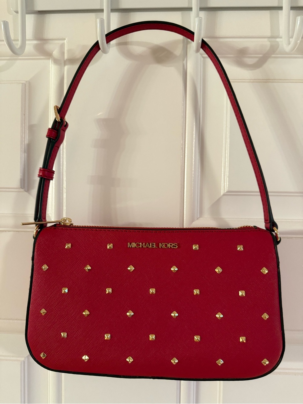 Michael Kors Red Studded Shoulder Bag with Gold Hardware